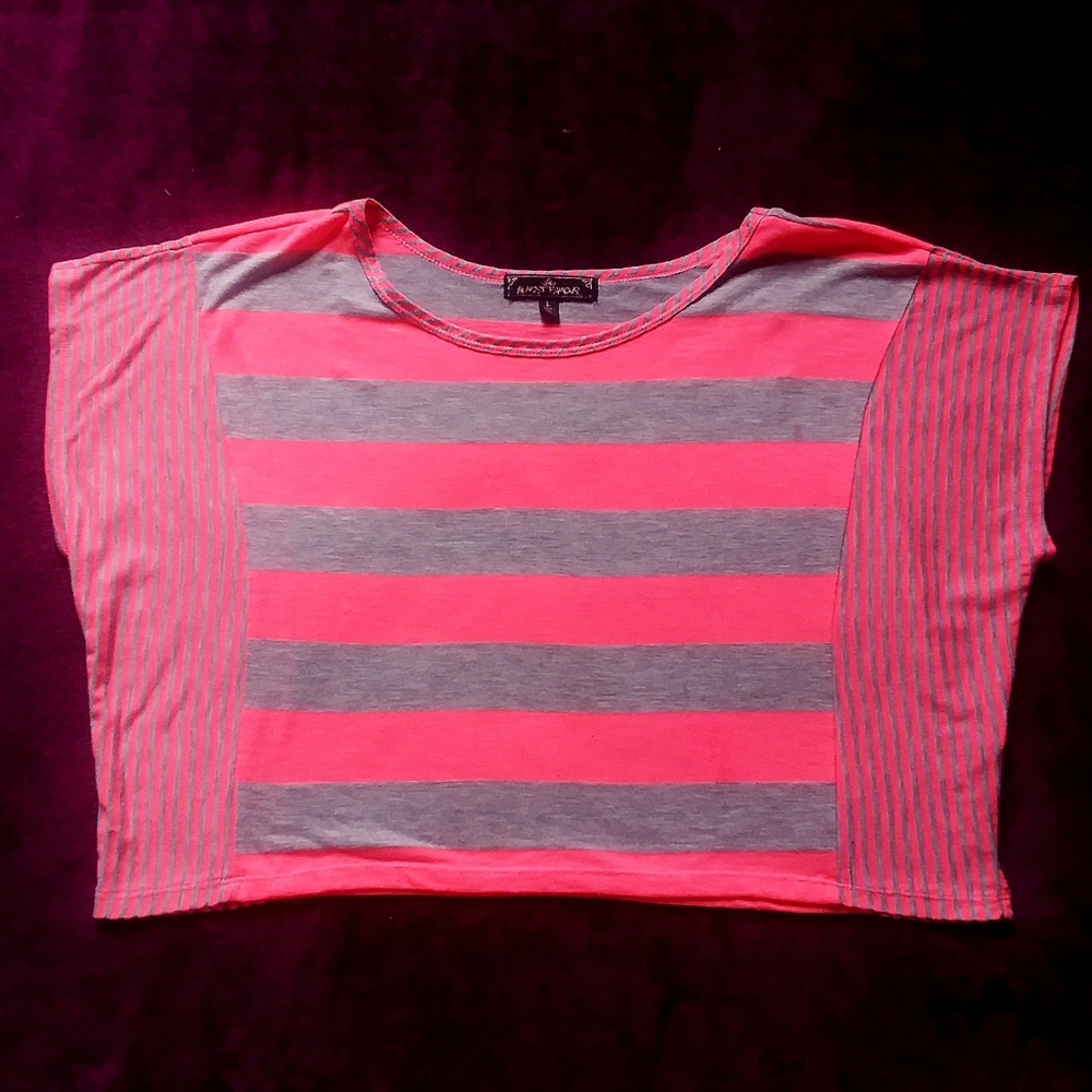 Almost Famous Neon Pink and Gray Striped Crop Top